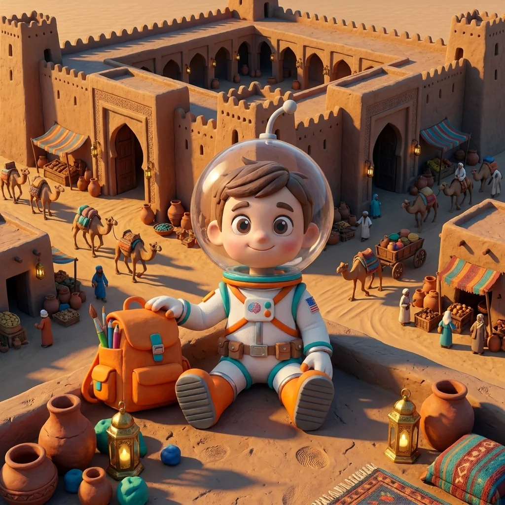 Cosmo seated cross-legged on the walkable mud-brick roof of the Silk Road Interchange caravanserai, his antenna bent on the fishbowl helmet, looking out over all four iwan roads where caravans arrive from every direction — honey-gold light and long crisp arch-shadows across the rooftop, his face quiet with wonder