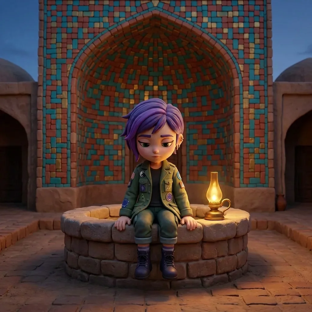 Luna sitting perfectly still on the well-rim of the Silk Road Interchange caravanserai at dusk, a single brass oil-lamp glowing beside her, the mixed-tradition mosaic on the iwan dome behind her settled into one interlocked pattern from two strangers' tiles — the courtyard quiet, all four roads holding their travelers without a word
