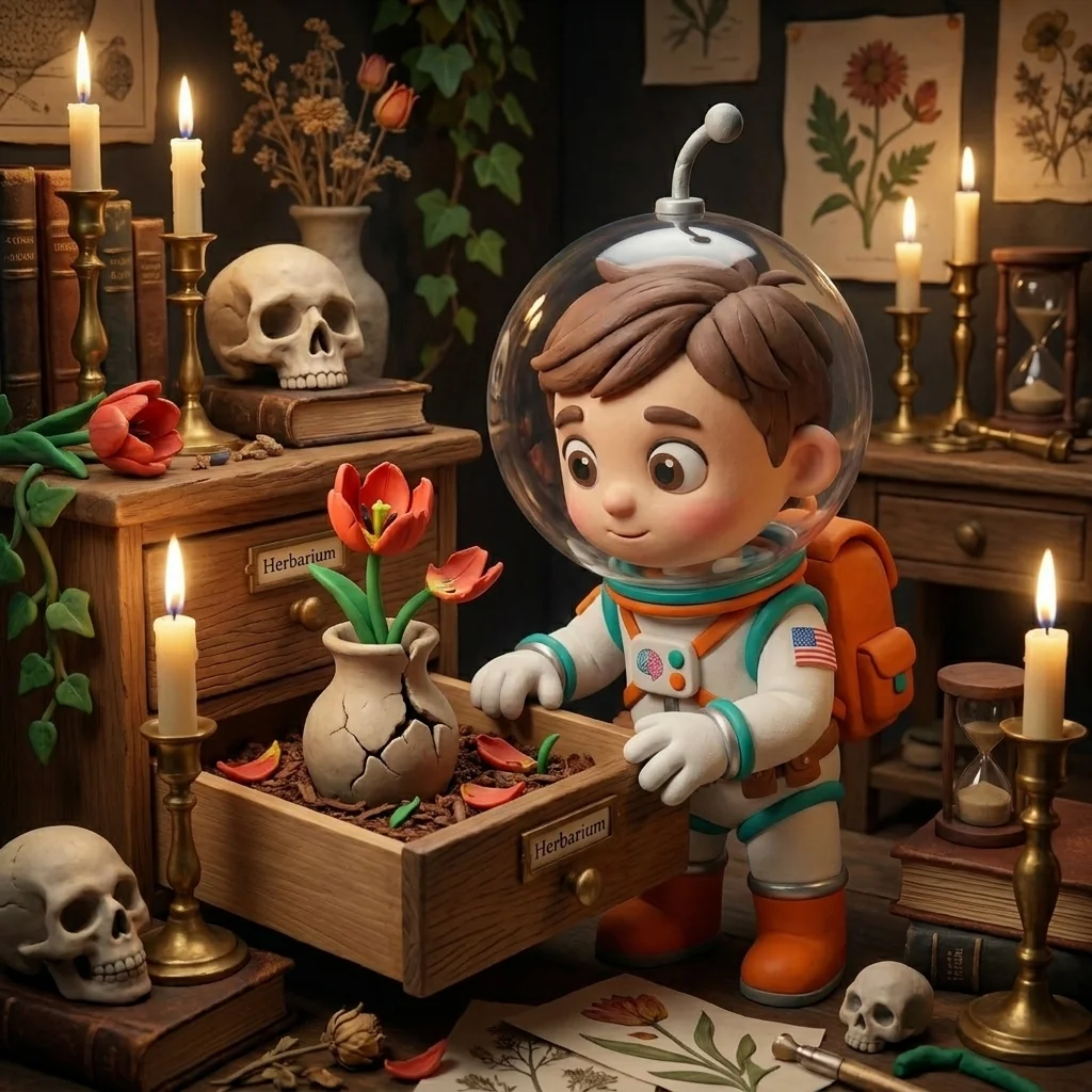 Cosmo in the Memento Mori Botanical universe, his fishbowl helmet with its small bent antenna catching candlelight, leaning over an opened herbarium drawer to watch a shattered tulip's fallen petals soften and feed a thin green shoot rising in the same vase — a thing revealing itself as a process
