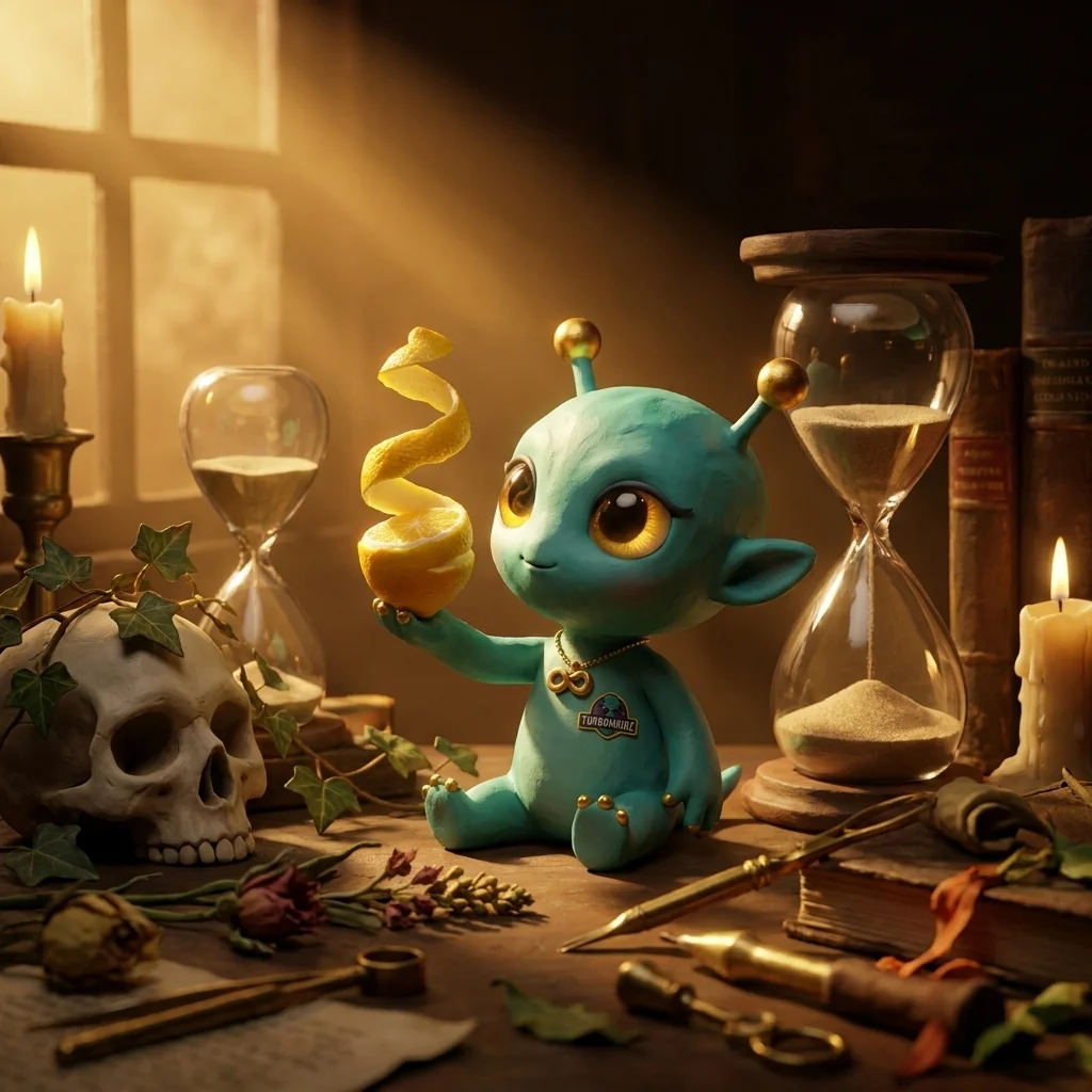 Nova in the Memento Mori Botanical universe, seated at the long oak collector's table between two hand-blown hourglasses with sand caught at different levels, holding a peeled lemon's unbroken spiral of rind up to the single raking shaft of honey-gold window light — measuring the difference between holding and attending