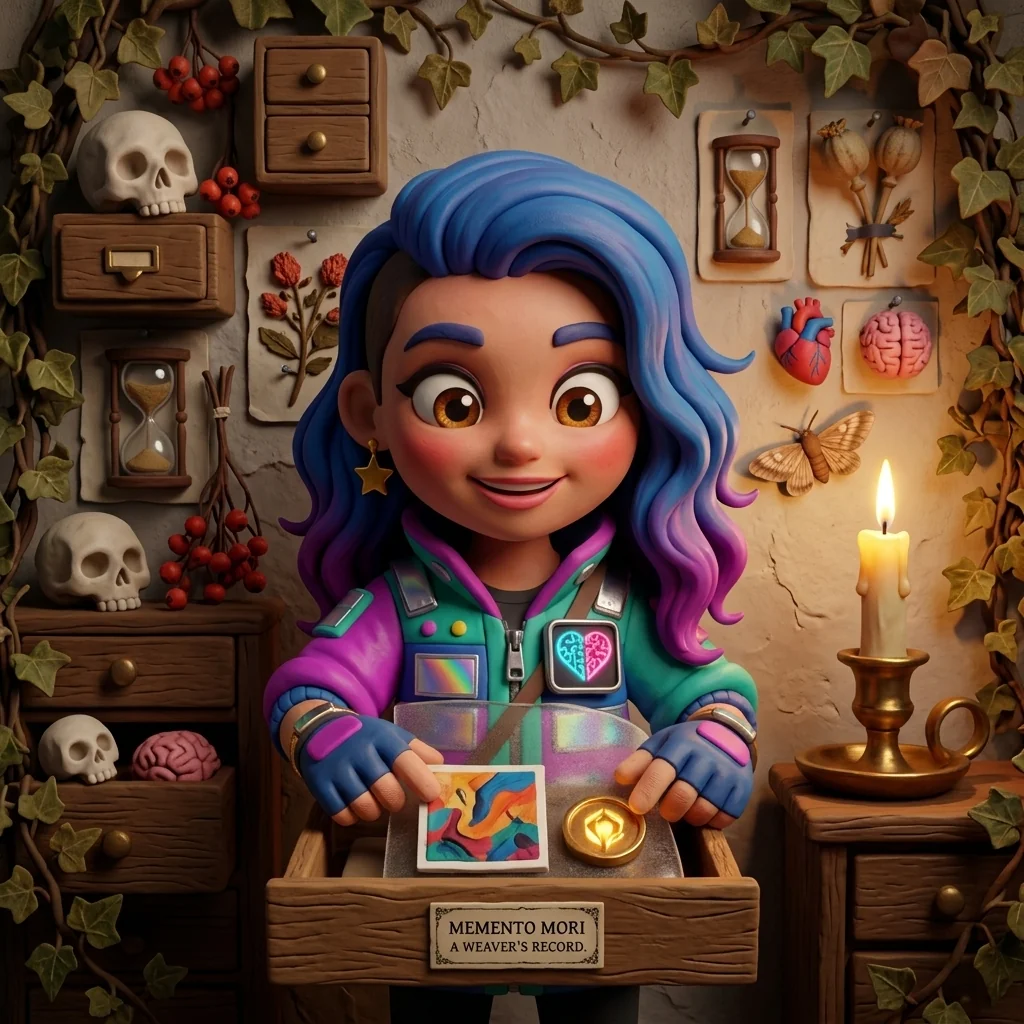 Stella in the Memento Mori Botanical universe at the herbarium wall, pressing a small hand-made artwork and a glowing token together under clay 'glass' into a shallow oak drawer, hand-inked parchment label beneath, a moth resting near the guttering candle — giving a relationship a body the village can read