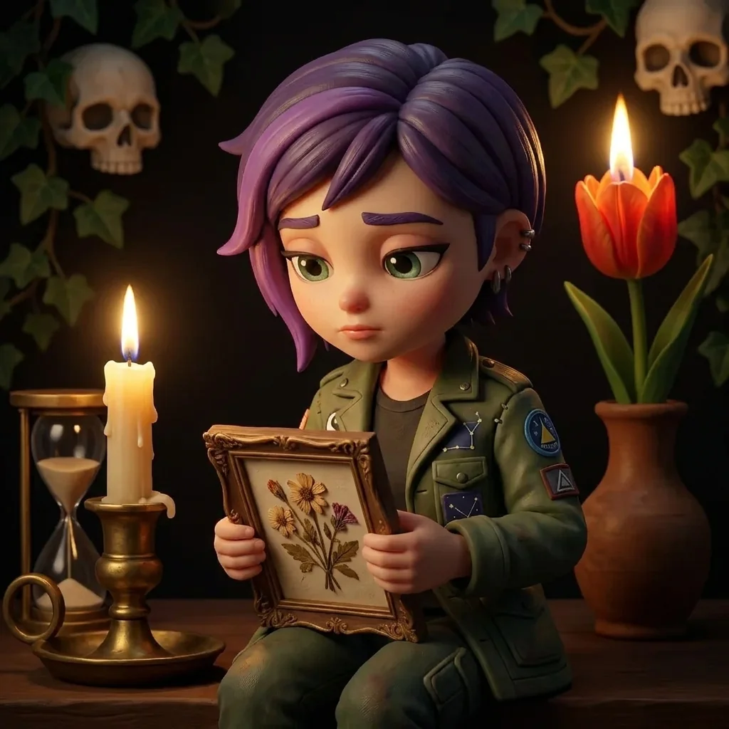 Luna in the Memento Mori Botanical universe, seated alone in the chiaroscuro dark holding a small framed artwork beside the guttering candle and a thin-stream hourglass, the one fully fresh vermilion tulip burning behind her — being with one thing, which is the only owning there is