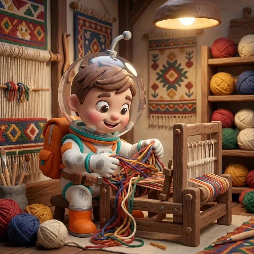 Cosmo in the U32 Living Tapestry weaving hall, hunched over a small loom mid-mistake — a tangled, lopsided patch of weave in his hands, fishbowl helmet with its small bent antenna catching the loom-light — grinning at his own honest mess as he learns the craft by botching it