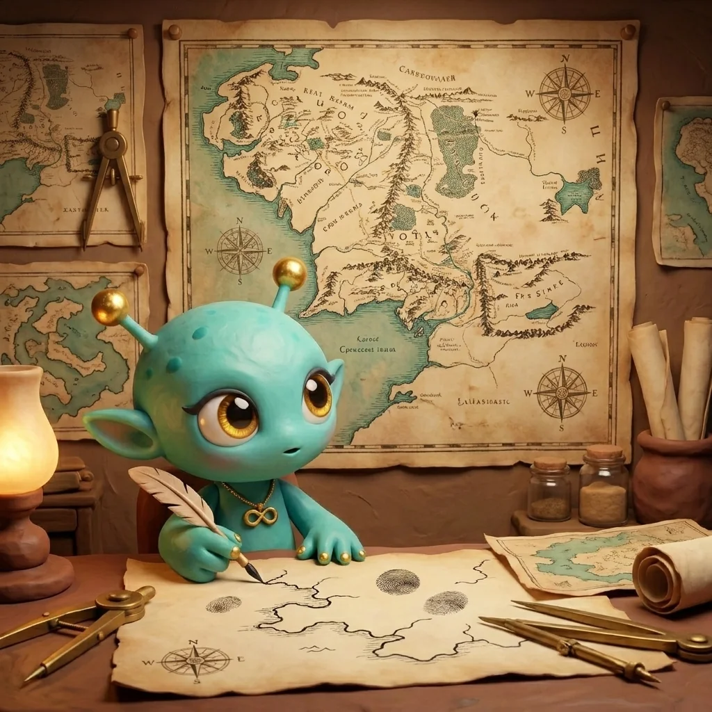 Nova in the Cartographer's Dreams universe, antennae bobbing, drawing one shaky practice coastline by hand and then turning to read a finished master map on the wall with new comprehension — the maker's eye learning to see every decision in the line
