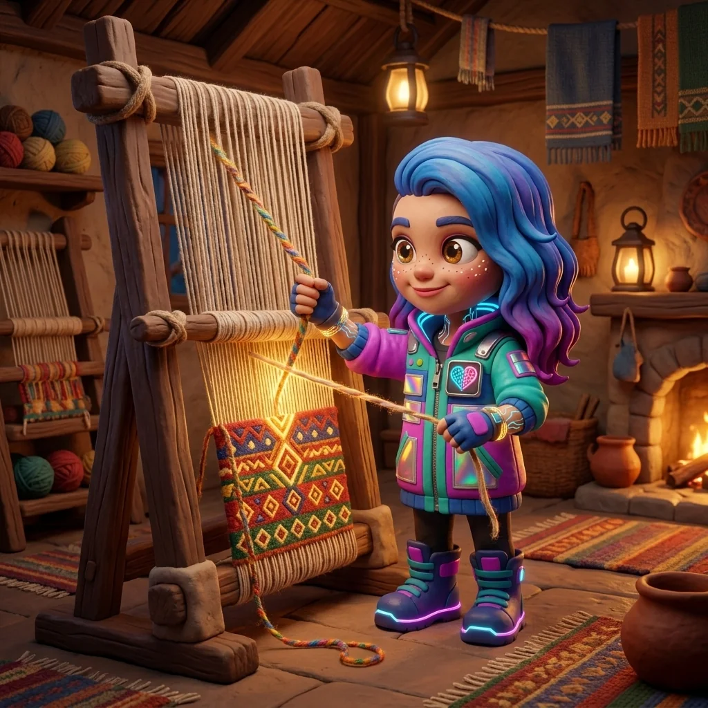 Stella at a great upright loom in the U32 Living Tapestry hall, drawing a rough hand-spun doodle-thread and a smooth finished artwork-thread up through the same warp so they knit into a single glowing panel — one golden thread binding making and keeping into one cloth, no gatekeeping