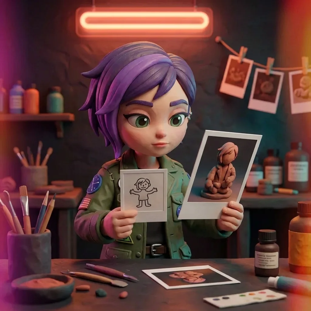Luna in the Polaroid Mysticism universe, holding up one small developing print of a wobbly hand-drawn doodle beside a finished masterwork, studying both in the coral neon light — the bad first thing teaching her to see the great one