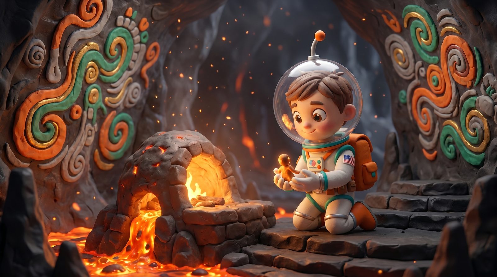 Cosmo standing in a vast volcano-temple of cooled basalt and glowing marigold lava seams, cradling a freshly shaped tiny clay figure in his gloved hands beside a breathing caldera pool, open wonder on his face inside his fishbowl helmet — the Volcanic Genesis universe