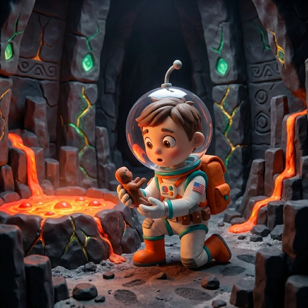 Cosmo standing low in a vast basalt volcano-temple, cradling a freshly shaped tiny clay figure in his gloved hands beside a glowing breathing caldera pool, wonder on his face inside his fishbowl helmet — the Volcanic Genesis universe