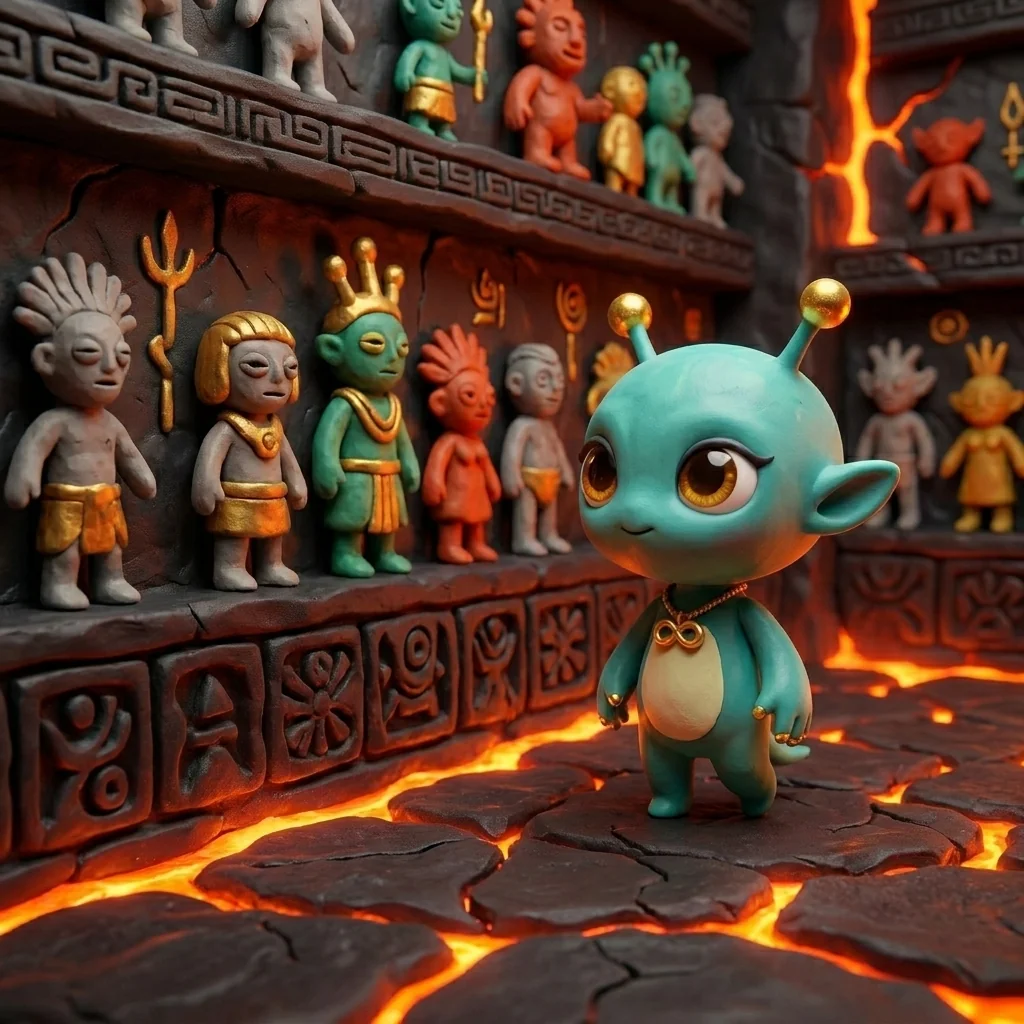 Nova in a fresco-gallery of the volcano-temple, walking a long carved register lined with rows of small clay beings from many cultures, marigold lava-light rising from floor seams — the same impulse repeated across every wall