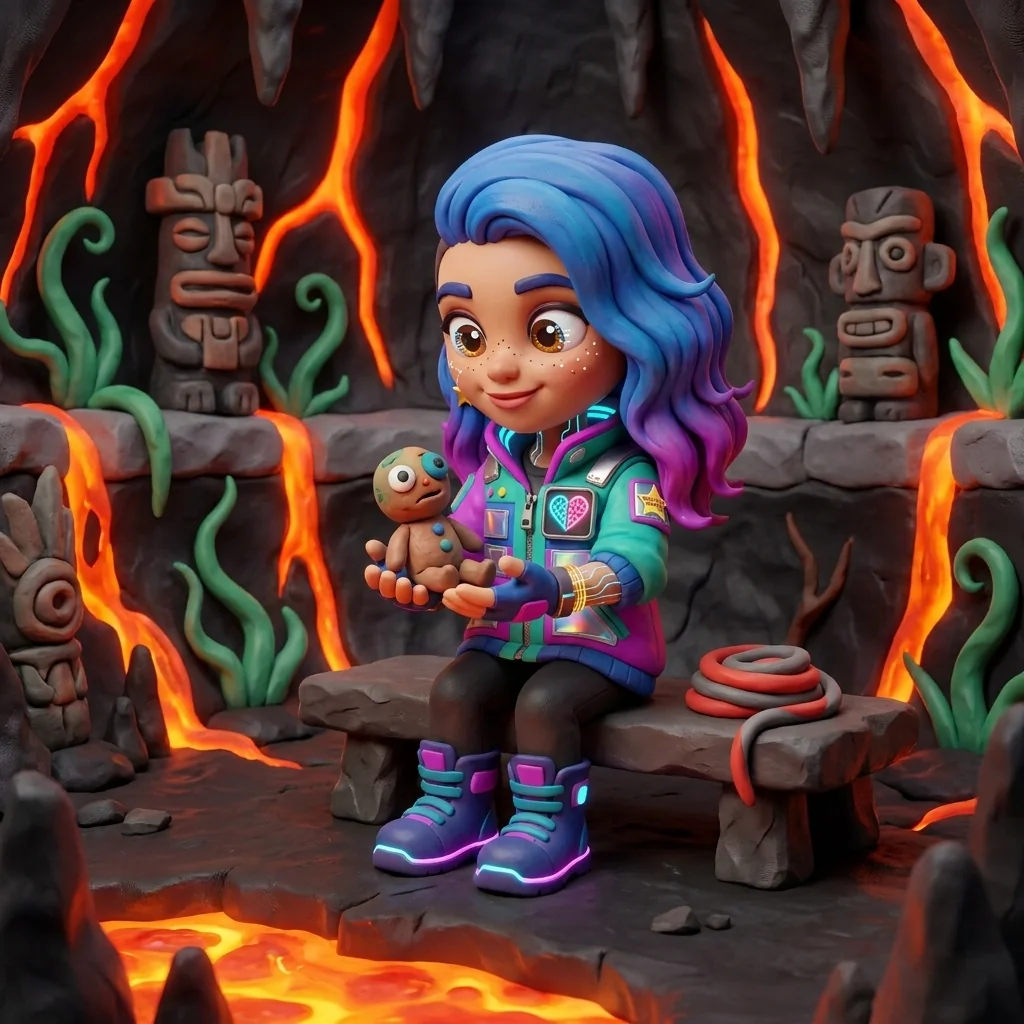 Stella in the caldera-shrine of the volcano-temple, cupping a small lopsided clay figure with mismatched eyes in her open palms, a coil of clay on the basalt bench beside her — a lump of clay counts, in every century